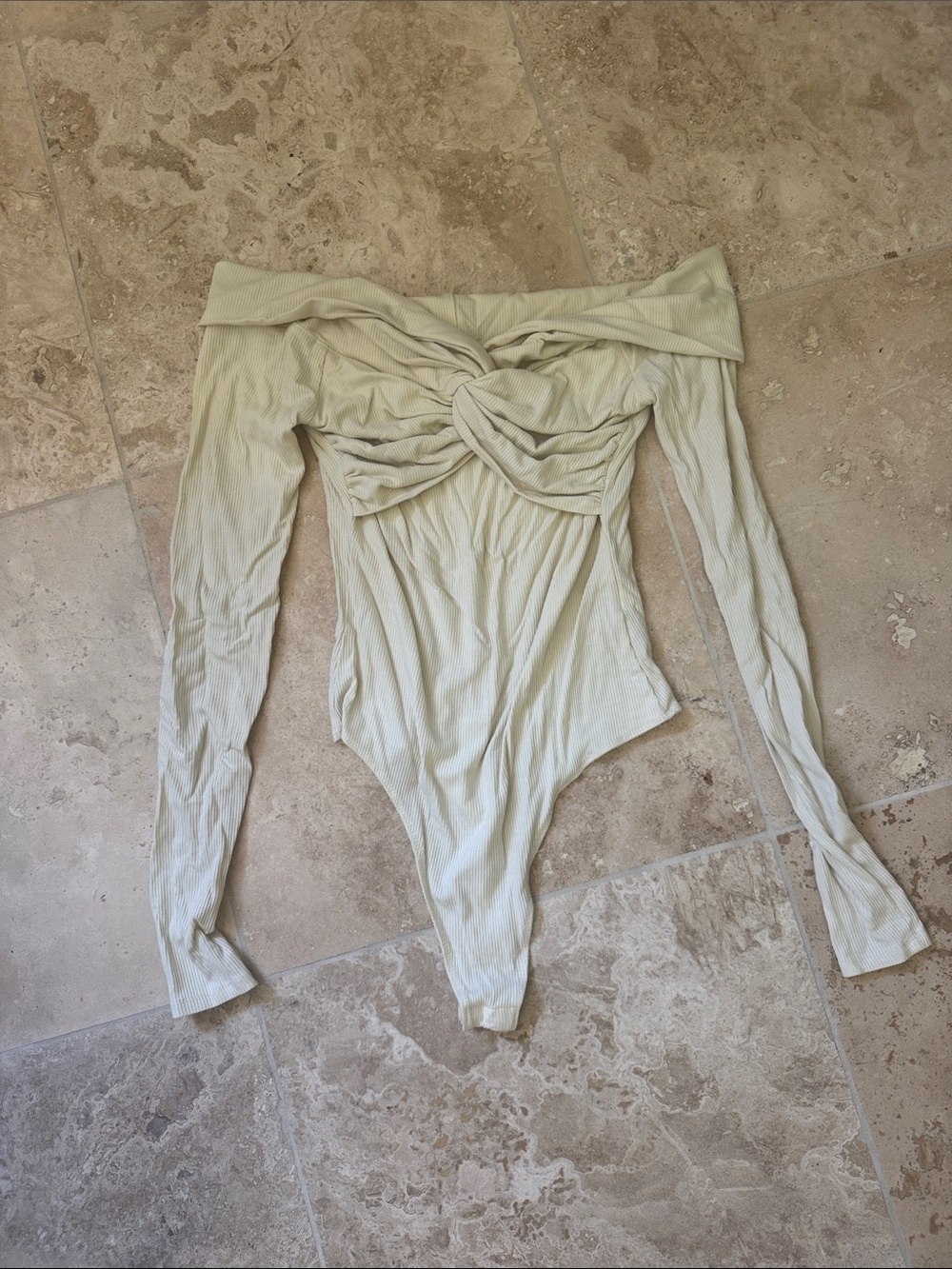 Steve Madden Off-Shoulder Twist Front Long Sleeve Bodysuit - cream